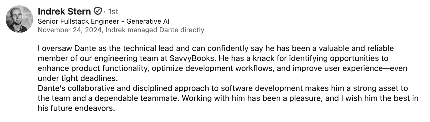 LinkedIn recommendation from Indrek Stern (SavvyBooks)